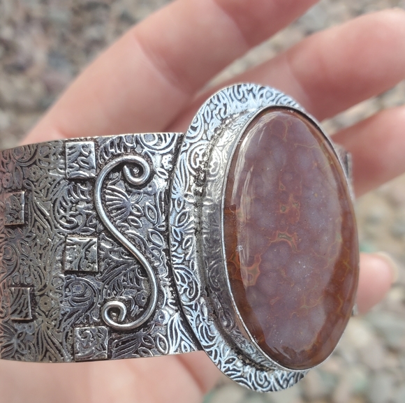 New Oversized Seam Agate 925 Silver Cuff Bracelet. - Picture 15 of 15